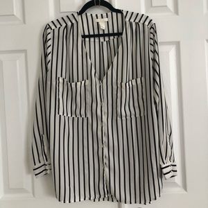 Black and White Striped V-neck Blouse